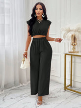 Women's Casual Solid Shoulder Pad Round Neck Cropped Top & Wide Leg Pants Set